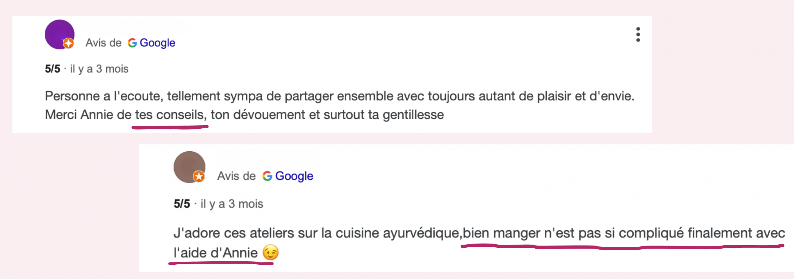 Avis clientes ateliers cuisine suivi alimentaire